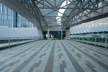 Metal grid corridors in modern office buildings