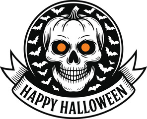 Halloween badge emblem pumpkin skull silhouette vector
