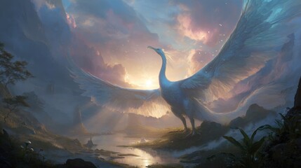 Obraz premium Majestic white phoenix with outstretched wings soaring over a mystical, misty landscape at sunrise