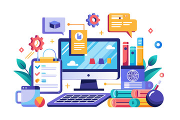Creative 3D illustration showing software development, programming code windows, debugging tools, and colorful tech icons. Perfect for concepts related to coding, web development, app design, artifici