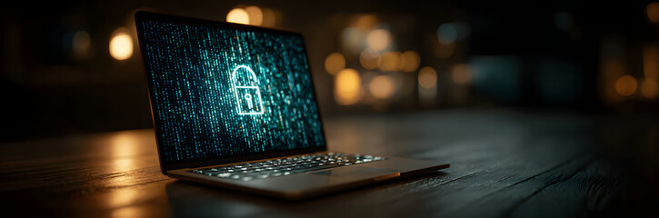 laptop on the screen lock. Cyber security, data protection concept, digital design. Generative AI