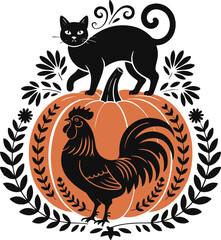 Halloween folk art cat and rooster silhouette vector