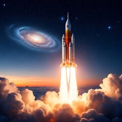 Powerful rocket launch ascends through a vibrant night sky, leaving a trail of luminous exhaust plumes into a spectacular galaxy.