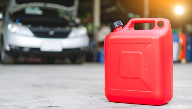 Red jerrycan on a concrete floor