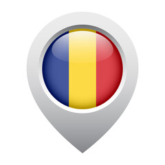 Fototapeta premium map pointer icon with glossy round flag of Romania