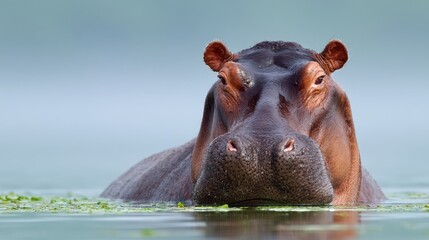 Fototapeta premium Hippopotamus resting in calm river with eyes and ears above water, observing surrounding environment, natural wildlife scene, river habitat, aquatic mammal behavior, nature, and serene ecosystem