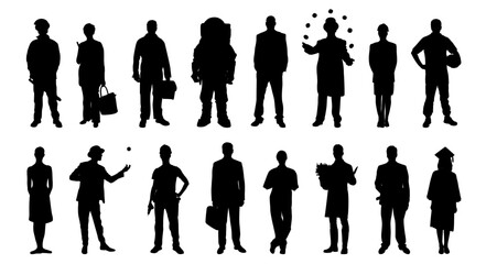 Professions, occupations and jobs set. Teacher, doctor, fireman, policeman and waiter. Various working characters silhouette.