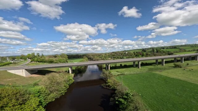 Irish river Blackwater Viaduct motorway M8 bridge, Drone Video 4K Aerial Footage Fermoy Ireland Co.Cork