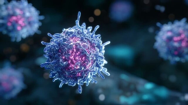A vivid microscopic image captures T cells and B cells exchanging signals with intricate protein receptors, illuminated in turquoise and magenta hues.