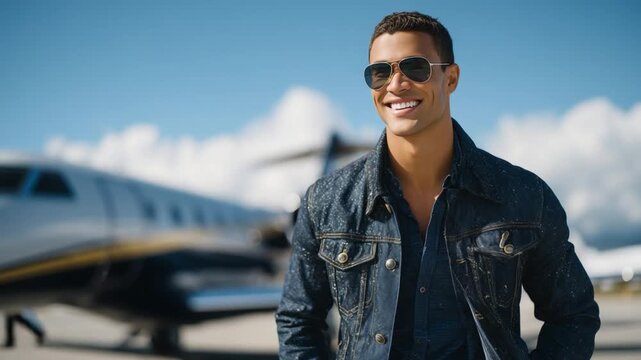A confident pilot in a denim jacket and sunglasses stands before a private jet, embodying luxury and adventure under a clear blue sky.