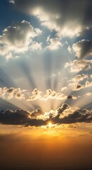 A breathtaking sunset view with golden rays piercing through dramatic clouds, showcasing a serene and peaceful atmosphere.