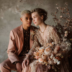 Intimate LGBTQ+ wedding couple in blush tones