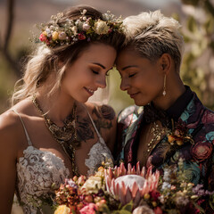 LGBTQ+ couple wedding portrait with floral details