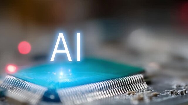 AI on Circuit Board: A macro-shot of a state-of-the-art AI processor chip, its intricate circuitry aglow, symbolizes the cutting edge of technology.