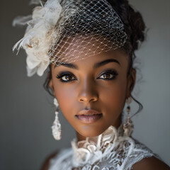 Beautiful bride with birdcage veil and lace gown close-up wedding portrait