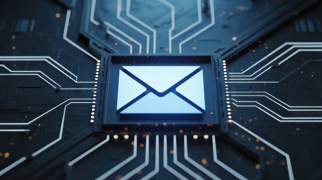 Digital Message Transmission: A close-up view showcases a motherboard's intricate network, centered on an illuminated envelope symbol.