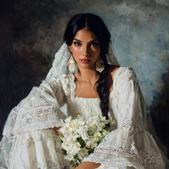 Elegant bride in lace gown with floral bouquet traditional wedding portrait