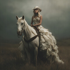 Dramatic cowgirl bride in lace gown riding white horse rustic western wedding scene
