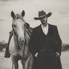 Stylish cowboy groom in dark suit with horse black and white rustic wedding portrait