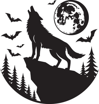 howling wolf silhouette on cliff under moon clip art preview