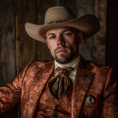 Stylish groom in ornate western suit and cowboy hat rustic wedding portrait