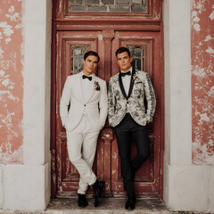 Stylish gay wedding couple in tuxedos posing against vintage door backdrop