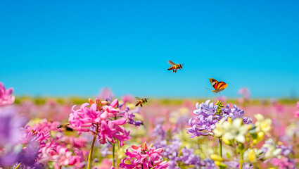 Obraz premium Bees and a butterfly fly over a field of colorful blooming flowers under a clear blue sky