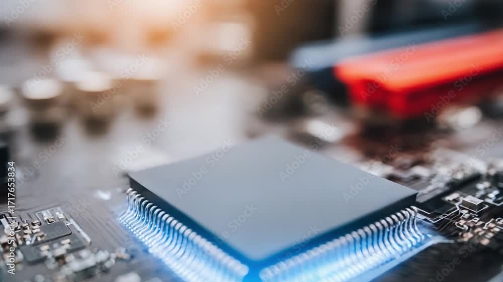 Poster silicon's core: a macro shot reveals the intricate details of a state-of-the-art silicon chip, repre
