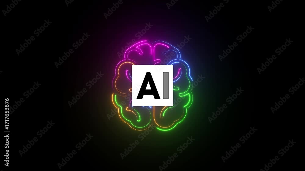 Poster neon rainbow outline of brain with ai text in square on black background artificial intelligence min