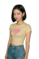 Fototapeta premium Young Asian Woman in Yellow Heart Tee and Jeans. Isolated on Transparent Background