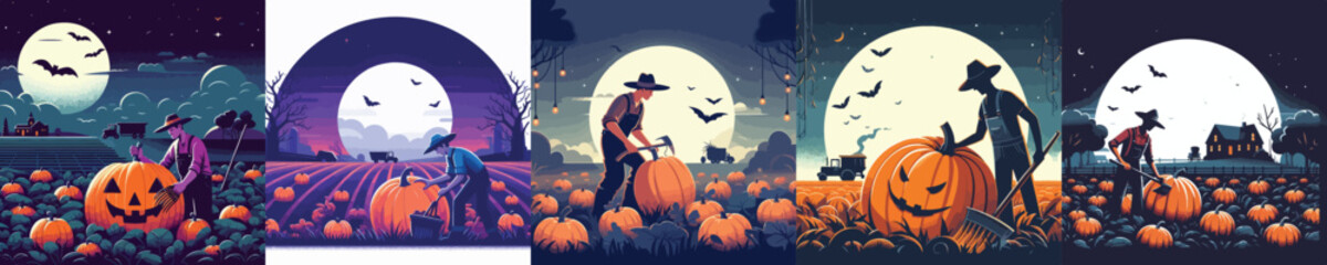 Fototapeta premium vector of a farmer harvesting halloween pumpkins