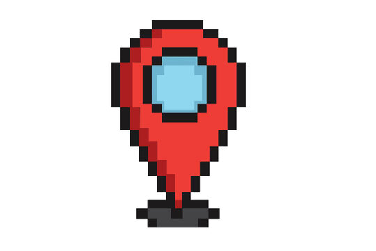 Pixel art map pin icon for location. 8-bit GPS navigation marker symbol. Red pointer for destination, address, or position. Retro video game style vector illustration. Geotag.