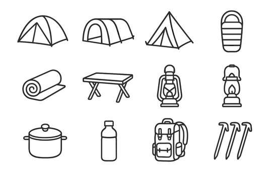 Sleeping pyramid gear vector icon camping pot cooking stakes tent icons bottle