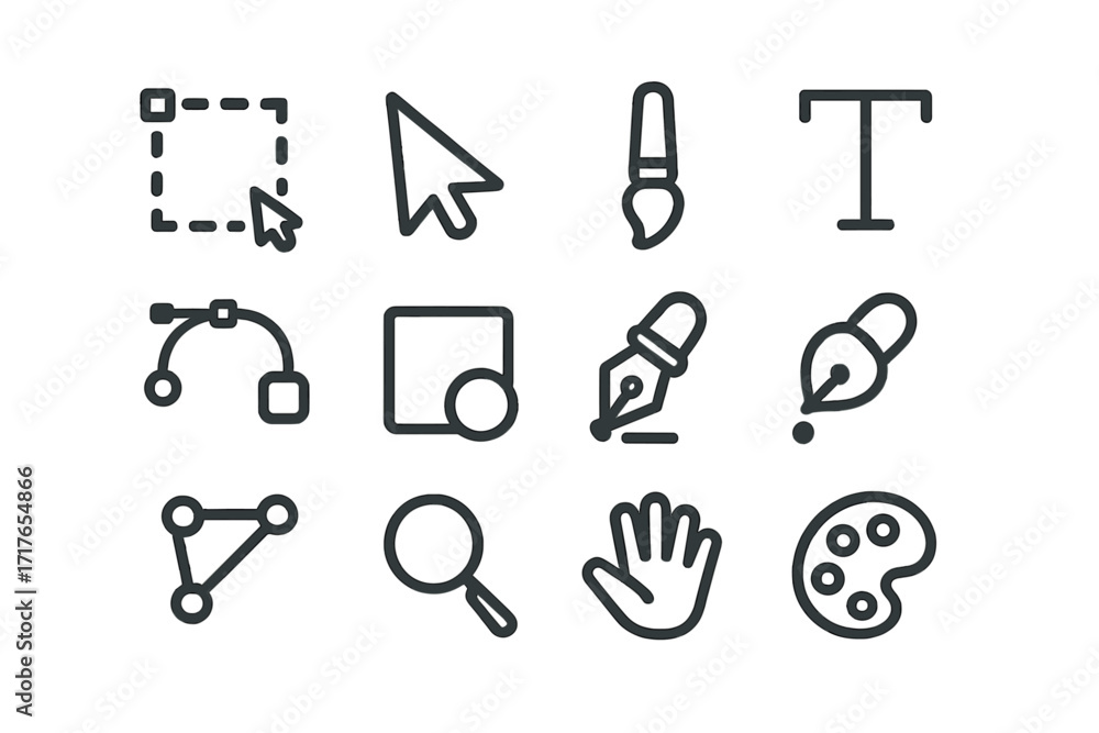 Poster graphic design tools vector icon set. minimalist line symbols for web and app ui ux design. pictogra
