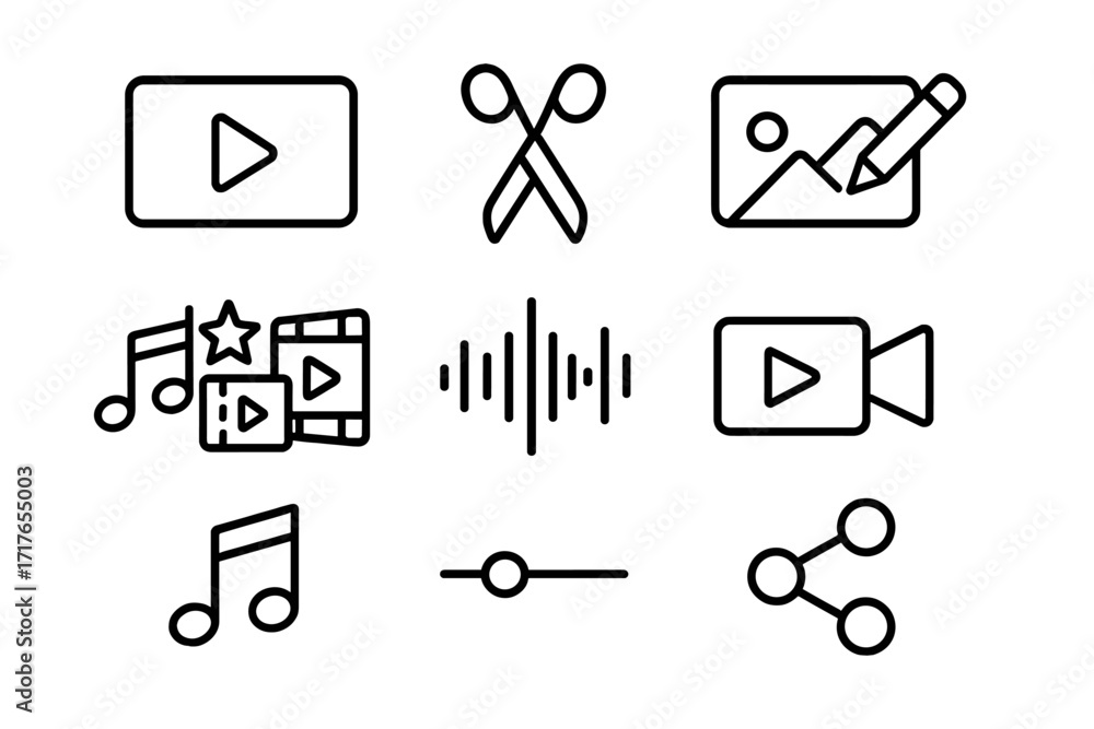 Poster minimalist multimedia icon set for video and photo editing. ui ux kit with thin line icons for app d