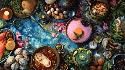 Fototapeta premium A vibrant, colorful spread of diverse dishes, meticulously arranged on a richly textured, blue table.