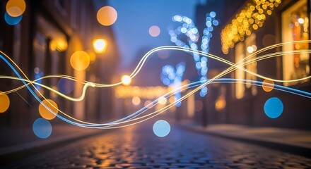 Abstract light trails and bokeh lights on a city street at night