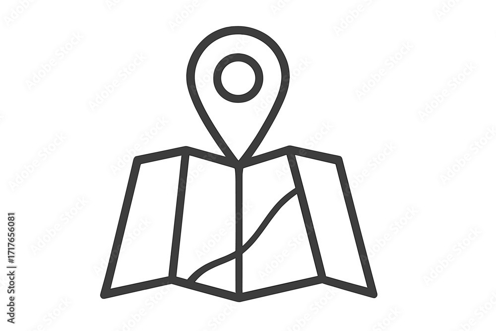 Poster map pointer icon with pin on folded paper map. gps navigation and location symbol. concept of travel