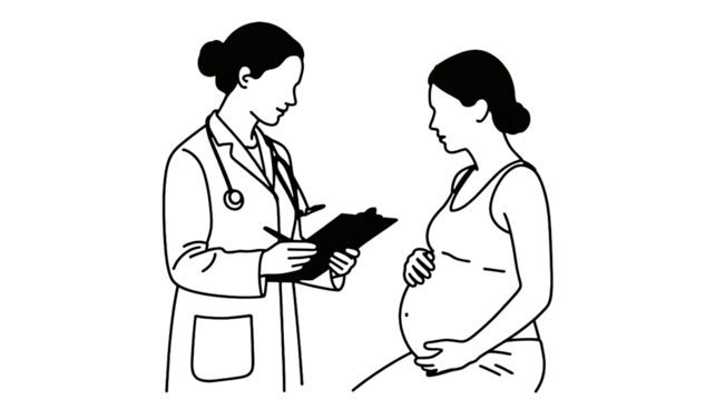 Doctor consults with pregnant patient, discussing care and health