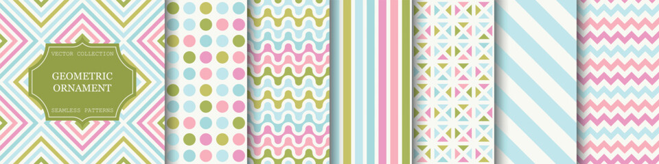 Collection of color seamless geometric patterns. Abstract fashion backgrounds - bright design. Tile mosaic textures. Vibrant simple endless prints