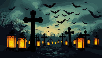 Haunting graveyard scene with glowing lanterns and flying bats, dark and eerie atmosphere

