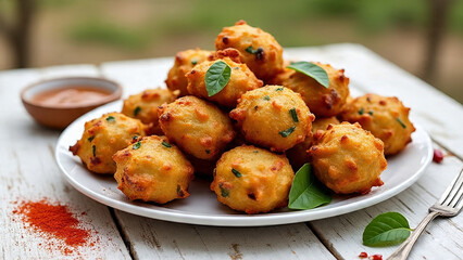 Crispy pakoras arranged on a rustic white wooden table, showcasing their golden-brown texture and inviting appearance