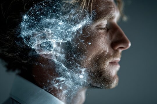 A close-up portrait of a man in profile and a hologram of a working brain. A thought process.