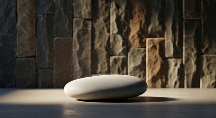 A smooth, light gray stone sits on a light-colored surface, illuminated by a soft, warm light, against a backdrop of dark gray stone wall tiles.