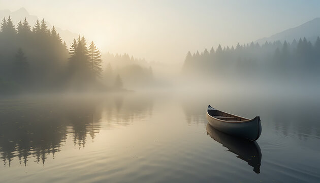 A lone canoe rests on a tranquil lake shrouded in morning mist, with a dense forest lining the distant shore - Powered by Adobe