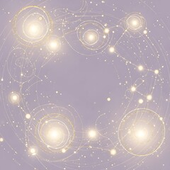 A mesmerizing graphic design featuring a swirling pattern of gold lines and luminous white dots on a soft lavender background.