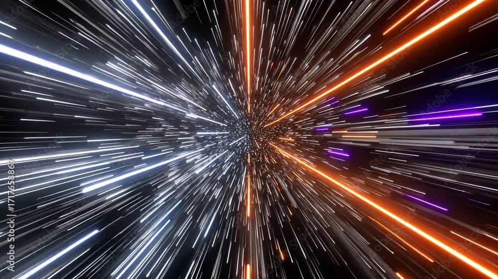 Poster a stunning visual of light beams expanding in various colors, symbolizing motion and innovation. thi