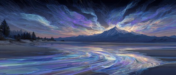 winter mountain landscape with aurora borealis