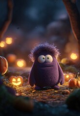 不気味な森の中で光るカボチャを持った紫色の幽霊。