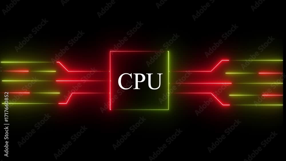 Fototapete glowing neon multicolor cpu circuit board background. computer motherboard with cpu icon , processor